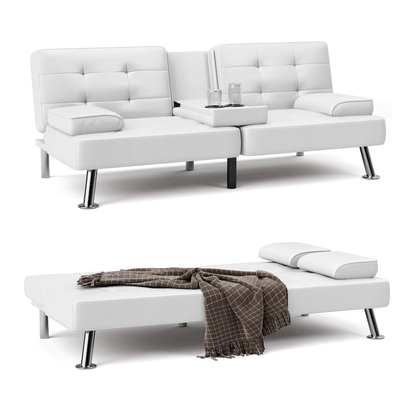 Modern Tufted Faux Leather Convertible Futon Sofa Bed with Cupholders