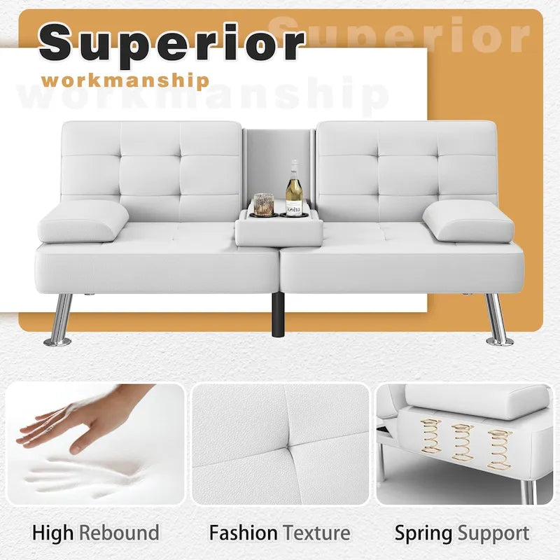 Modern Tufted Faux Leather Convertible Futon Sofa Bed with Cupholders