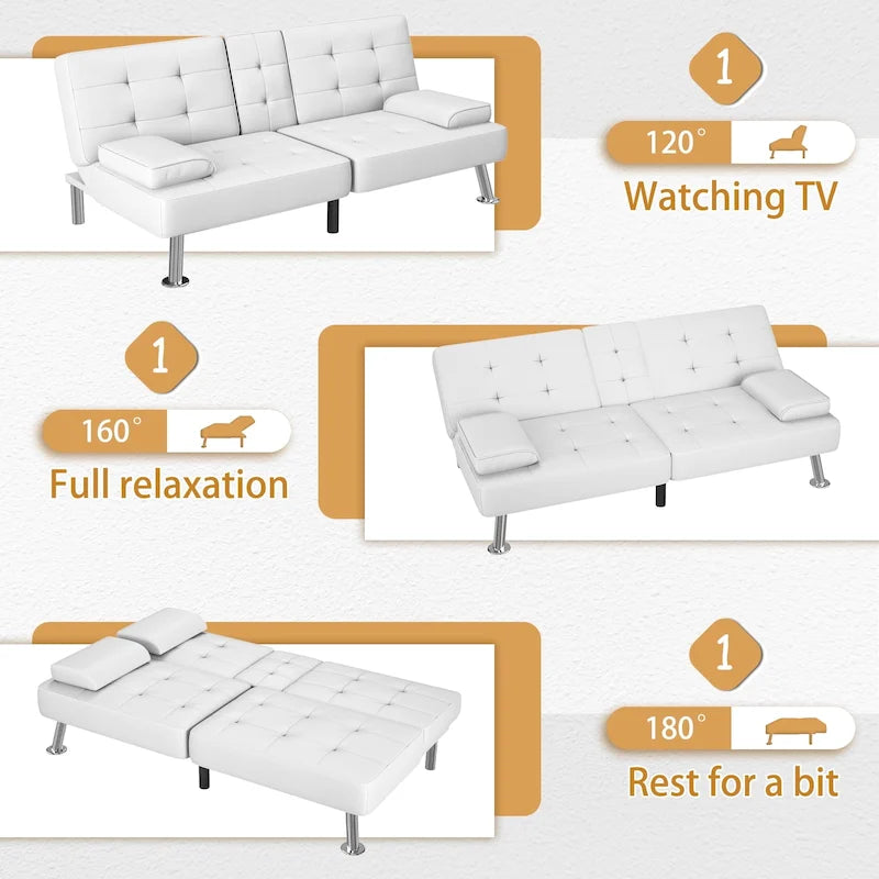 Modern Tufted Faux Leather Convertible Futon Sofa Bed with Cupholders