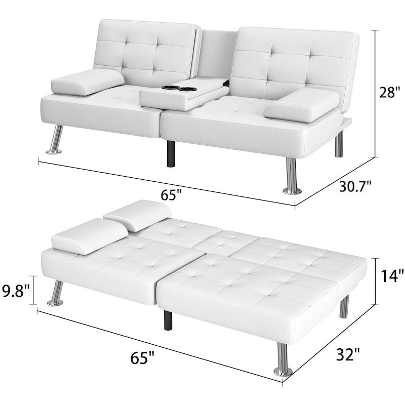 Modern Tufted Faux Leather Convertible Futon Sofa Bed with Cupholders