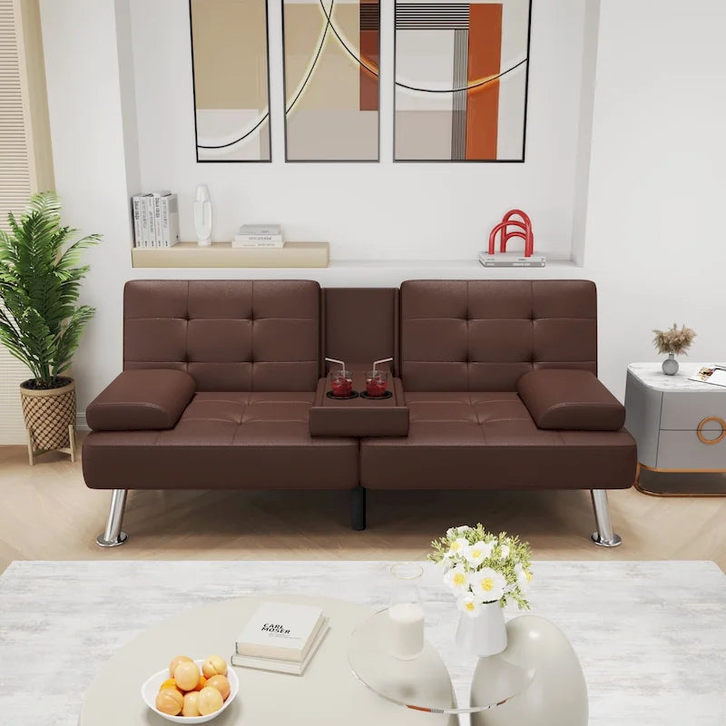 Modern Tufted Faux Leather Convertible Futon Sofa Bed with Cupholders