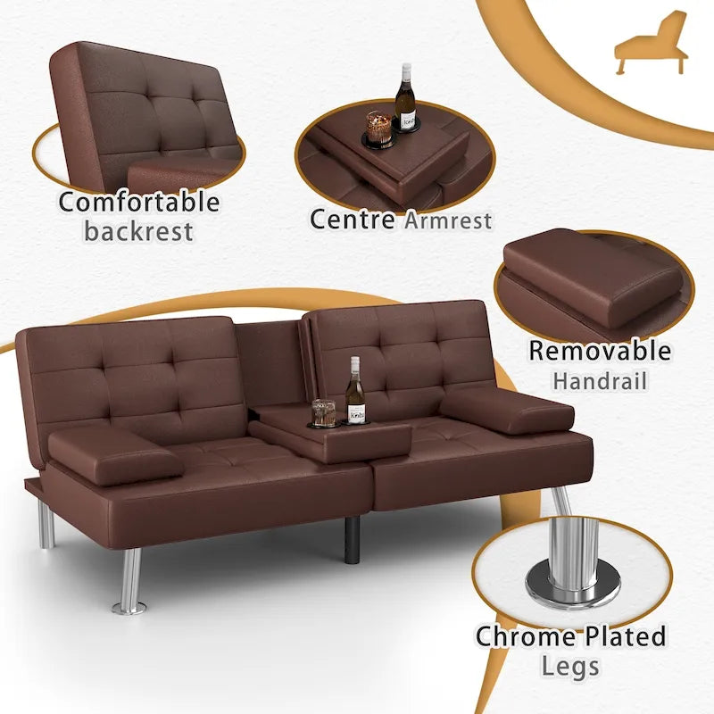 Modern Tufted Faux Leather Convertible Futon Sofa Bed with Cupholders