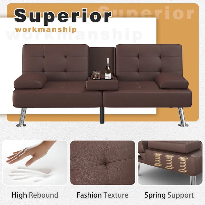 Modern Tufted Faux Leather Convertible Futon Sofa Bed with Cupholders