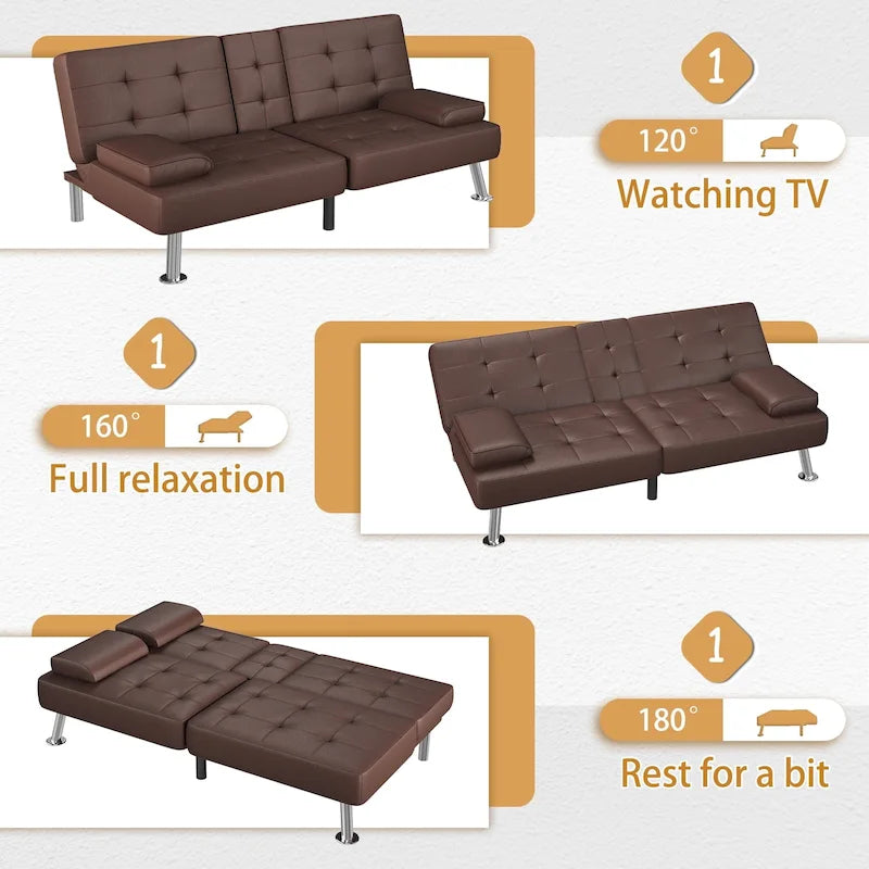 Modern Tufted Faux Leather Convertible Futon Sofa Bed with Cupholders