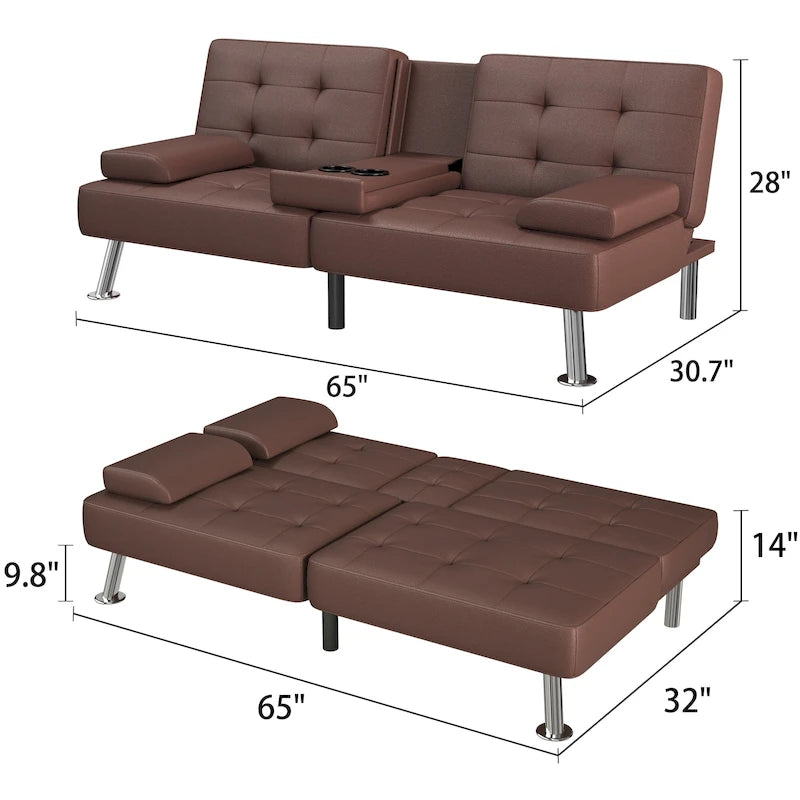 Modern Tufted Faux Leather Convertible Futon Sofa Bed with Cupholders