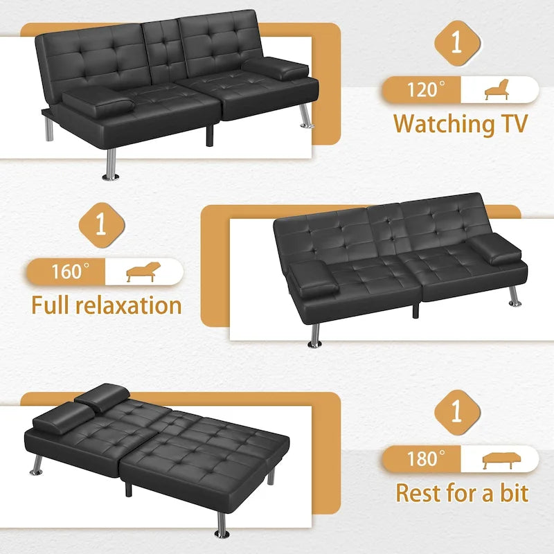 Modern Tufted Faux Leather Convertible Futon Sofa Bed with Cupholders