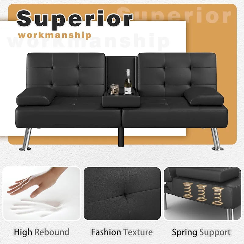 Modern Tufted Faux Leather Convertible Futon Sofa Bed with Cupholders