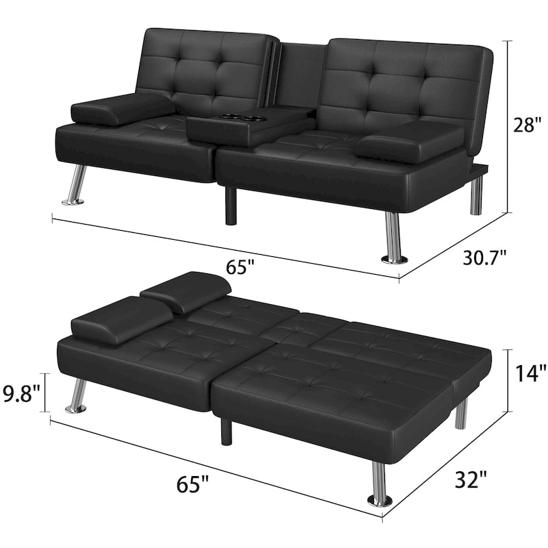 Modern Tufted Faux Leather Convertible Futon Sofa Bed with Cupholders