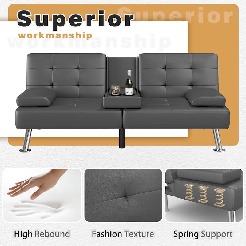 Modern Tufted Faux Leather Convertible Futon Sofa Bed with Cupholders