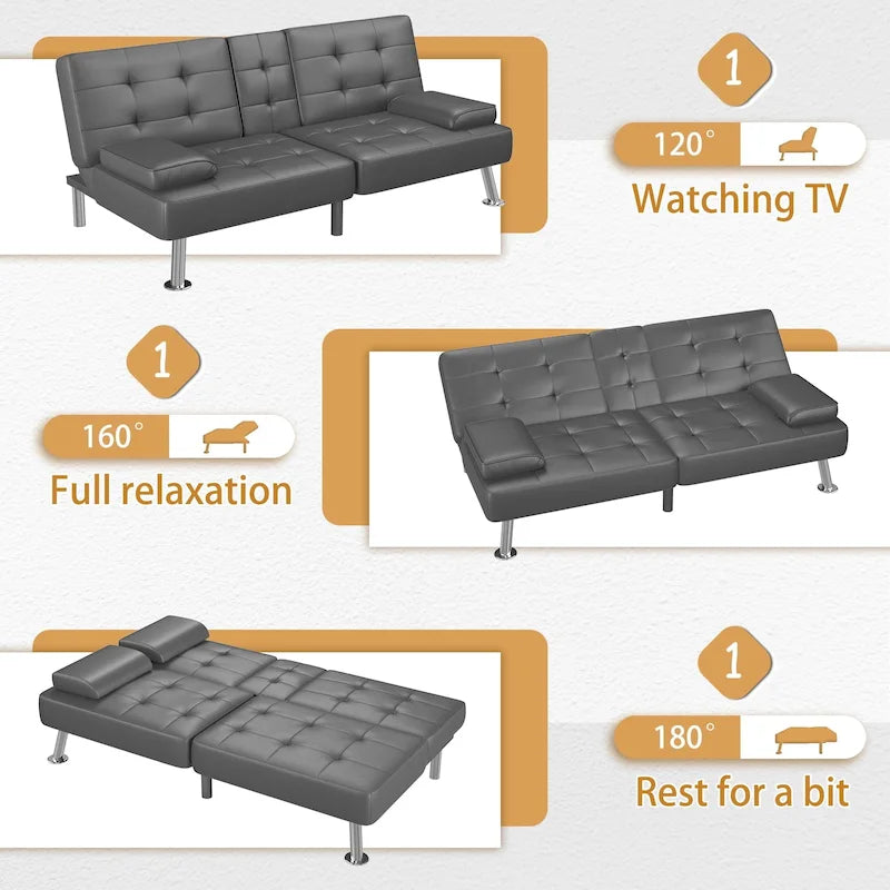 Modern Tufted Faux Leather Convertible Futon Sofa Bed with Cupholders