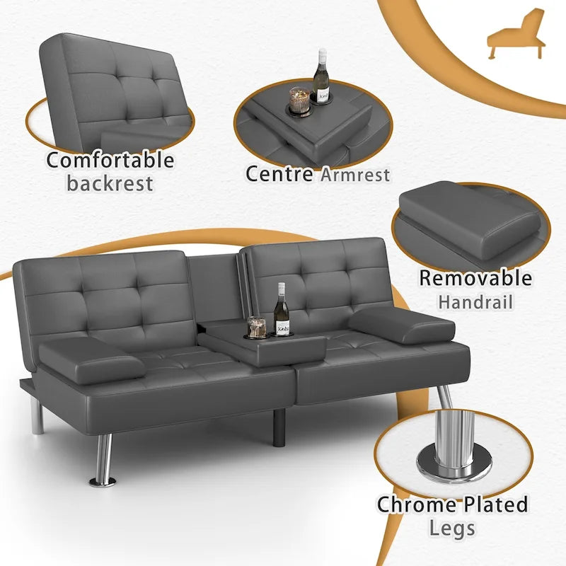 Modern Tufted Faux Leather Convertible Futon Sofa Bed with Cupholders