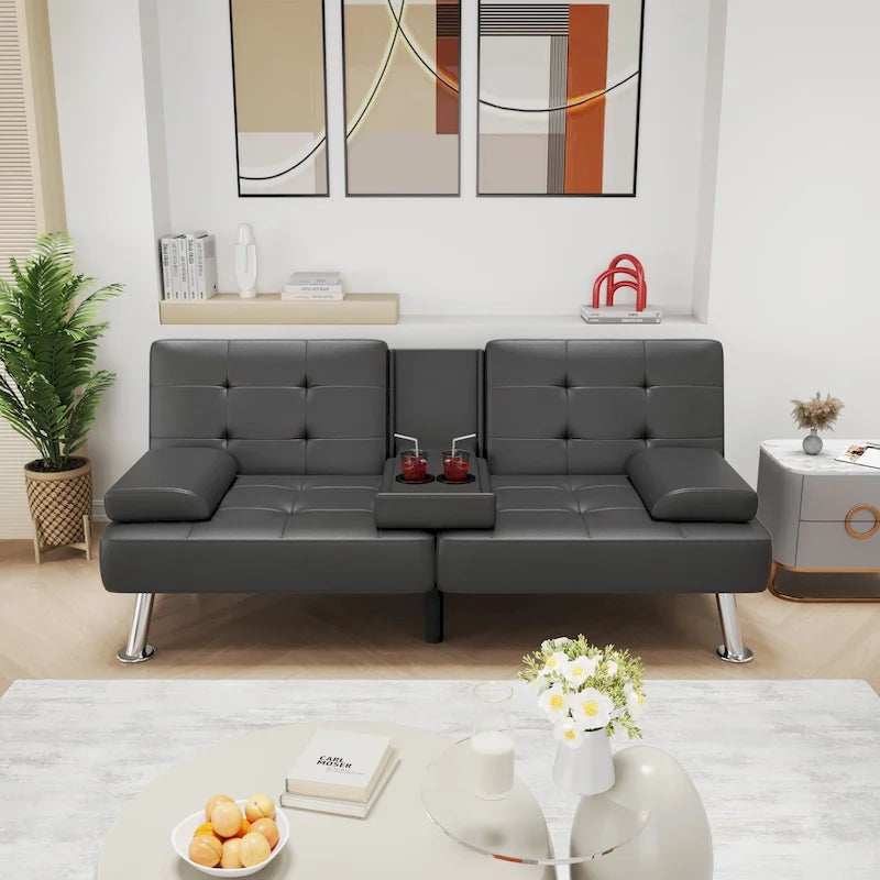 Modern Tufted Faux Leather Convertible Futon Sofa Bed with Cupholders