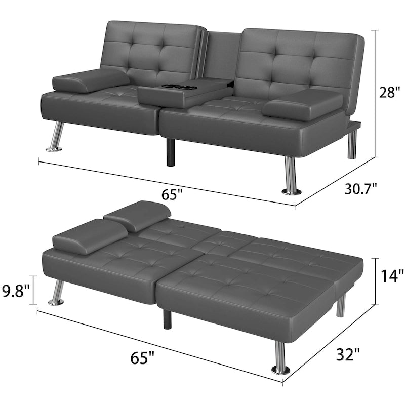 Modern Tufted Faux Leather Convertible Futon Sofa Bed with Cupholders