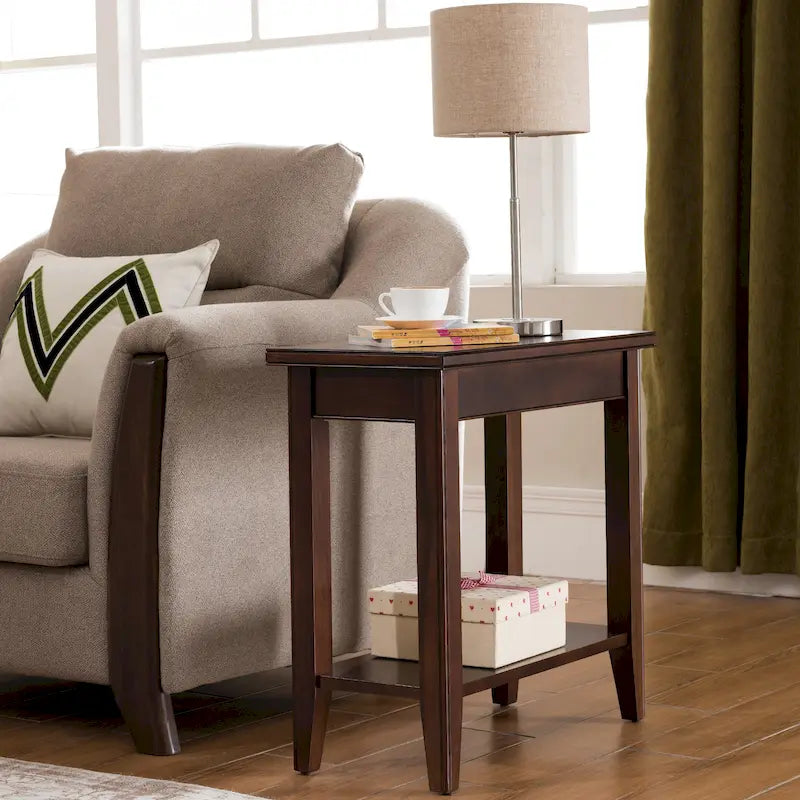 Classic Narrow Solid Wood End Table with Lower Display Shelf