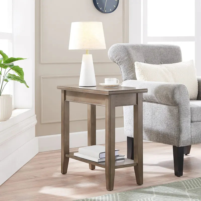 Classic Narrow Solid Wood End Table with Lower Display Shelf