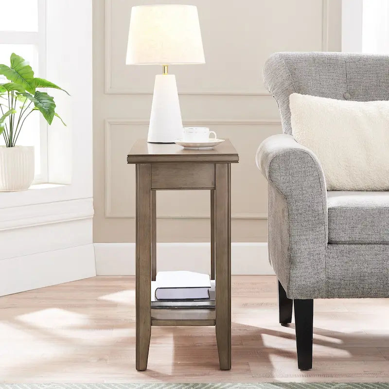 Classic Narrow Solid Wood End Table with Lower Display Shelf