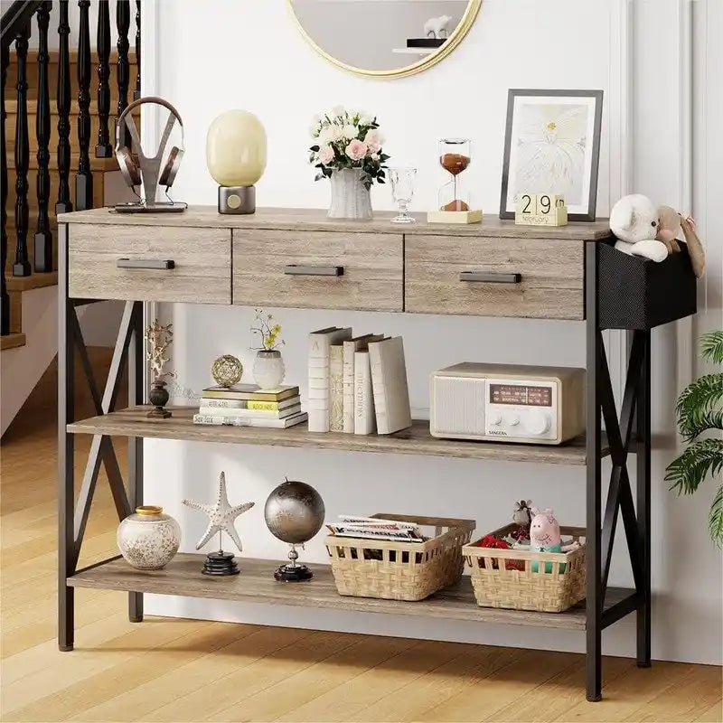 Console Table with 3 Drawers, Entryway Sofa Table with 3 Tier Storage Shelves