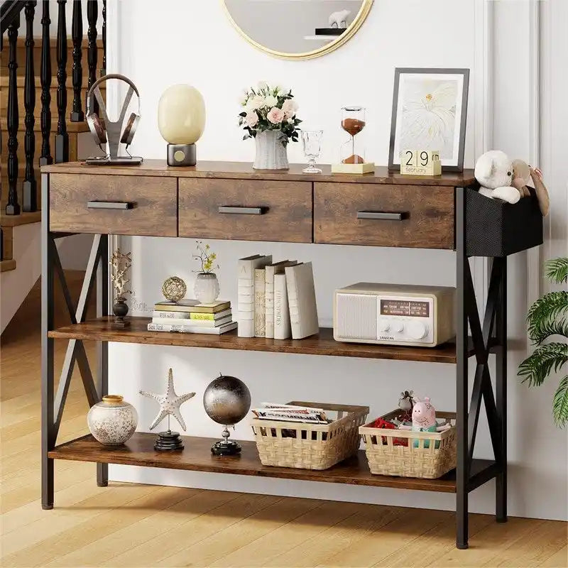 Console Table with 3 Drawers, Entryway Sofa Table with 3 Tier Storage Shelves