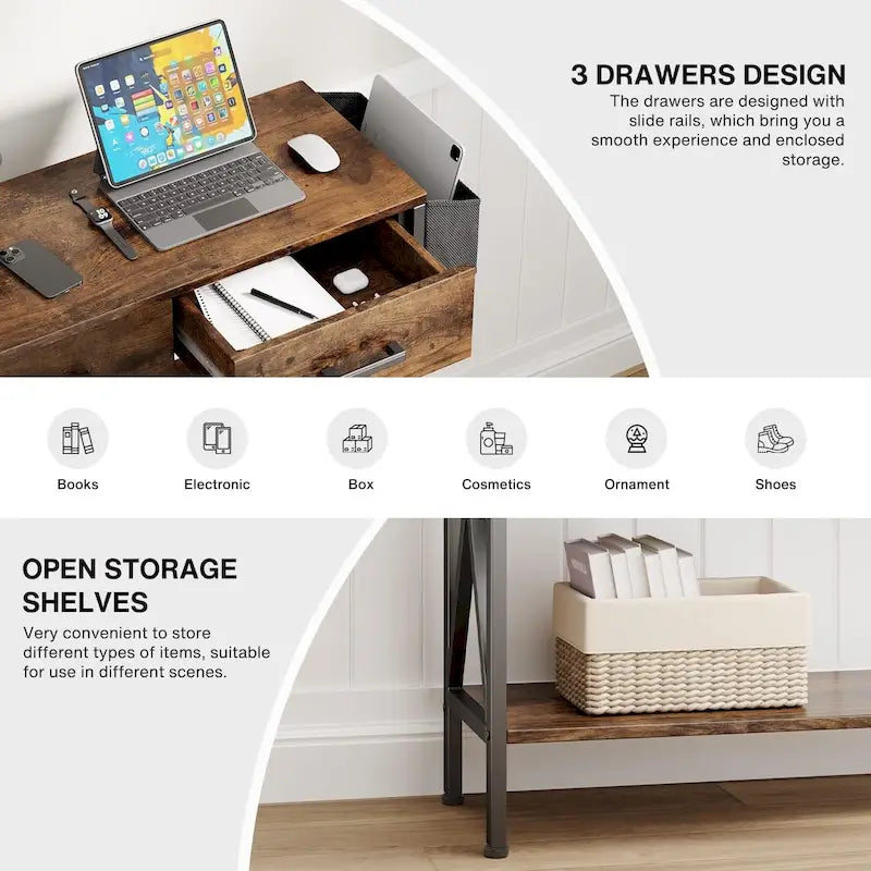 Console Table with 3 Drawers, Entryway Sofa Table with 3 Tier Storage Shelves