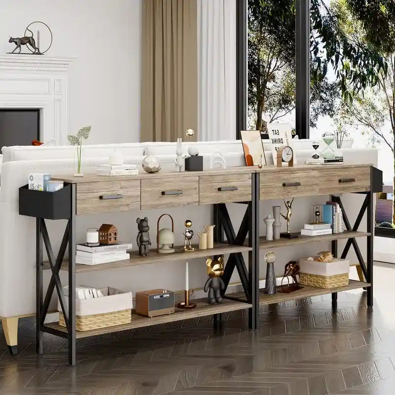 Console Table with 3 Drawers, Entryway Sofa Table with 3 Tier Storage Shelves