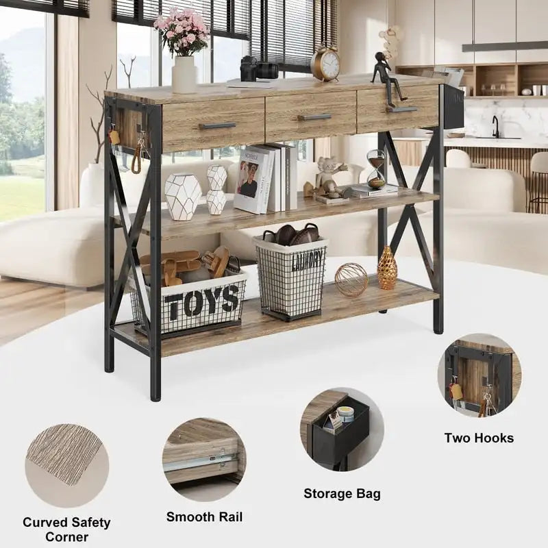 Console Table with 3 Drawers, Entryway Sofa Table with 3 Tier Storage Shelves