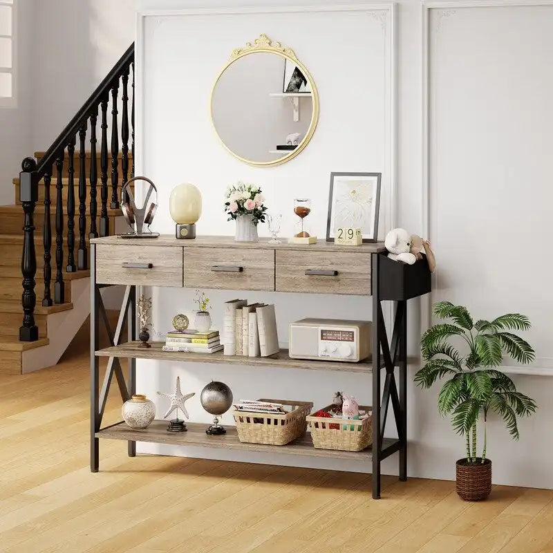 Console Table with 3 Drawers, Entryway Sofa Table with 3 Tier Storage Shelves