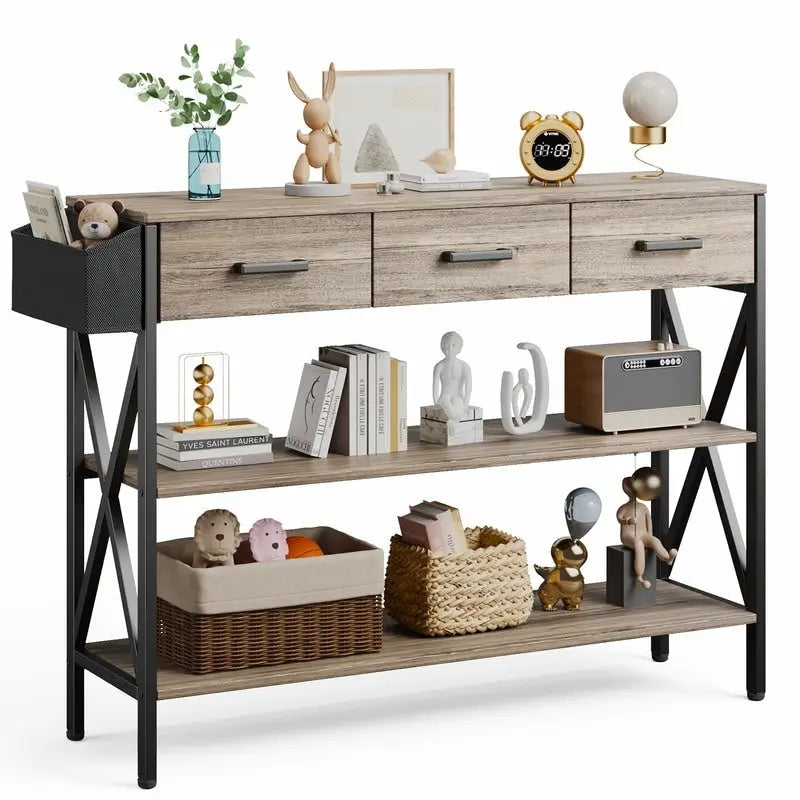 Console Table with 3 Drawers, Entryway Sofa Table with 3 Tier Storage Shelves