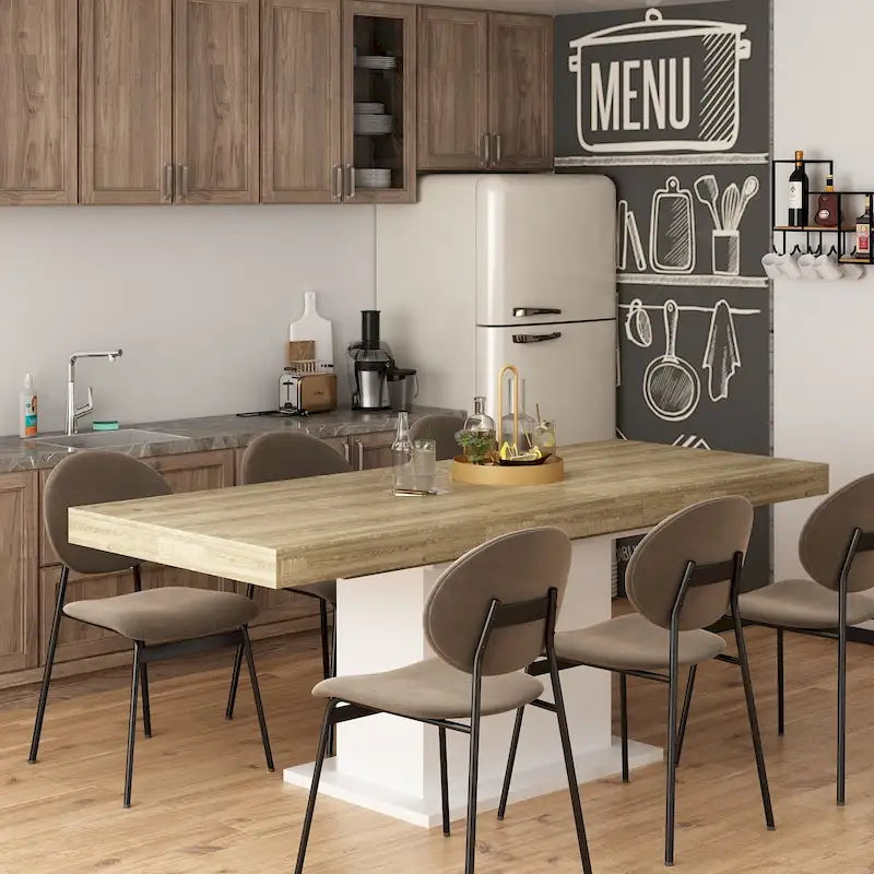 Rustic Woodgrain Rectangular Dining Table with Contemporary Pedestal Base Design