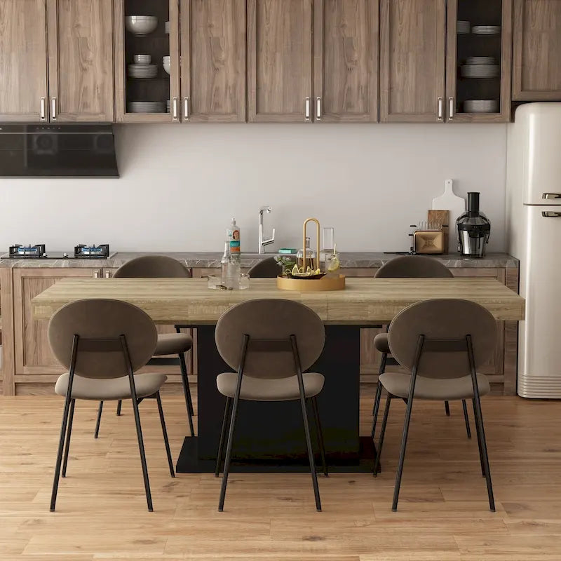 Rustic Woodgrain Rectangular Dining Table with Contemporary Pedestal Base Design