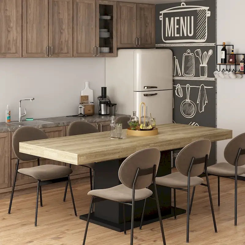 Rustic Woodgrain Rectangular Dining Table with Contemporary Pedestal Base Design
