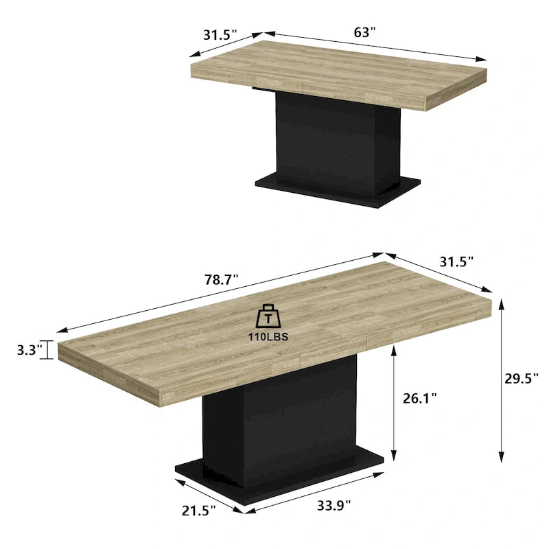 Rustic Woodgrain Rectangular Dining Table with Contemporary Pedestal Base Design