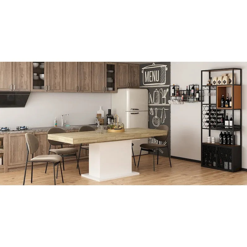 Rustic Woodgrain Rectangular Dining Table with Contemporary Pedestal Base Design