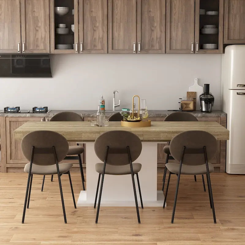 Rustic Woodgrain Rectangular Dining Table with Contemporary Pedestal Base Design
