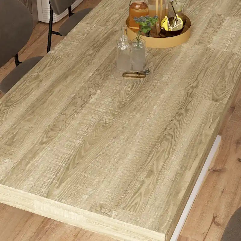 Rustic Woodgrain Rectangular Dining Table with Contemporary Pedestal Base Design