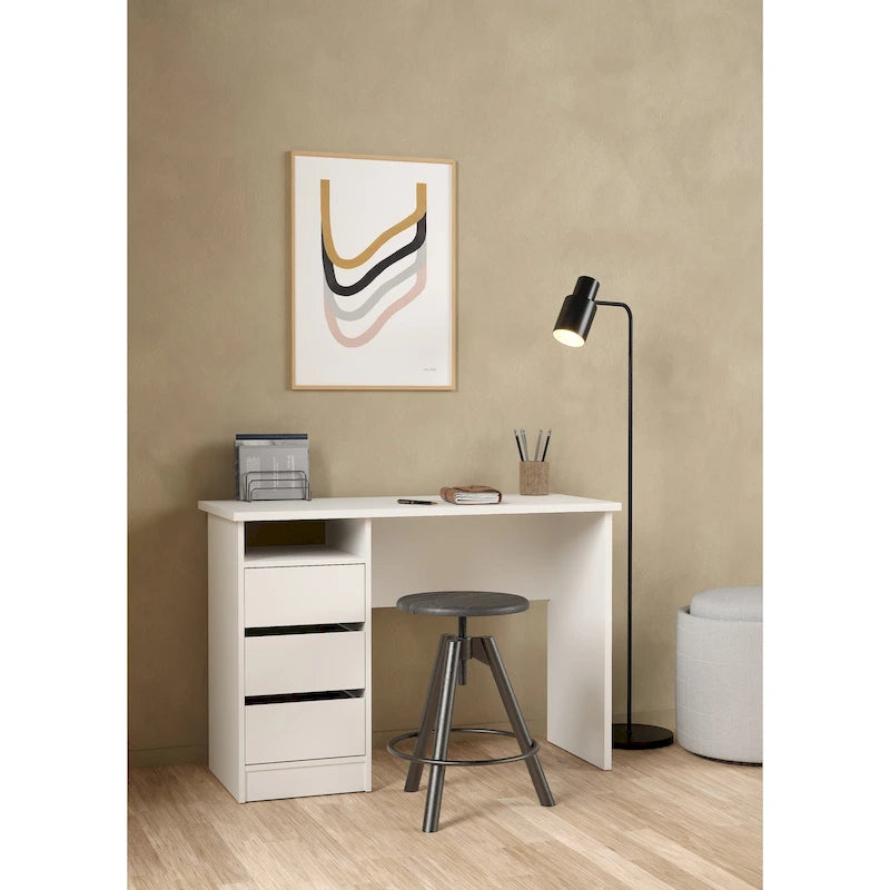Bureau d’écriture moderne pour bureau à domicile avec trois tiroirs et une étagère