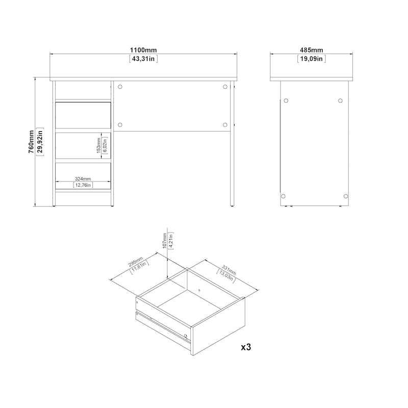 Bureau d’écriture moderne pour bureau à domicile avec trois tiroirs et une étagère