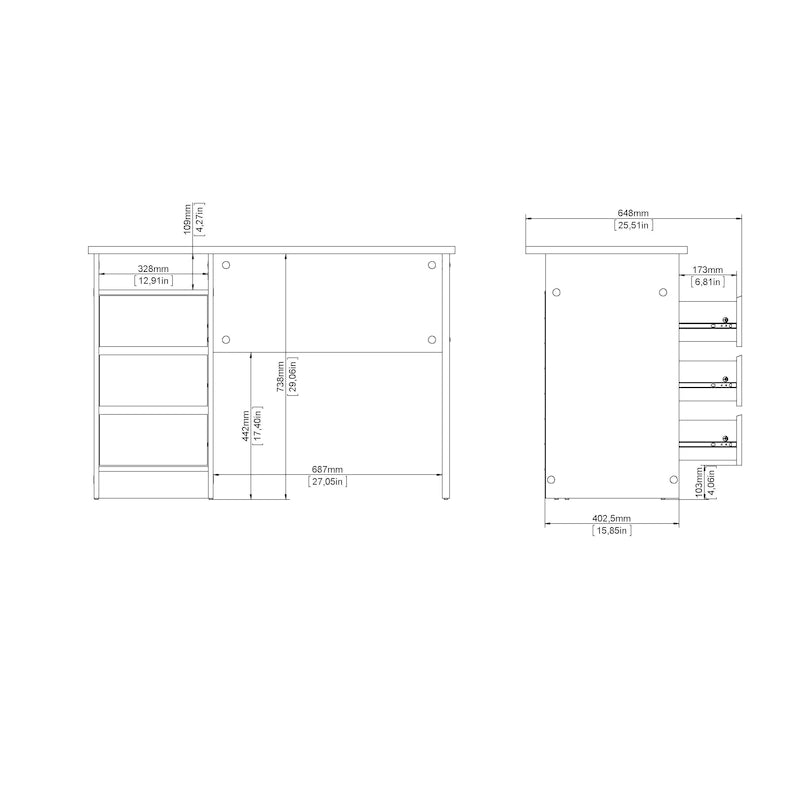 Bureau d’écriture moderne pour bureau à domicile avec trois tiroirs et une étagère