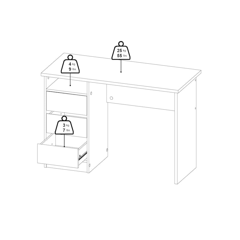 Bureau d’écriture moderne pour bureau à domicile avec trois tiroirs et une étagère