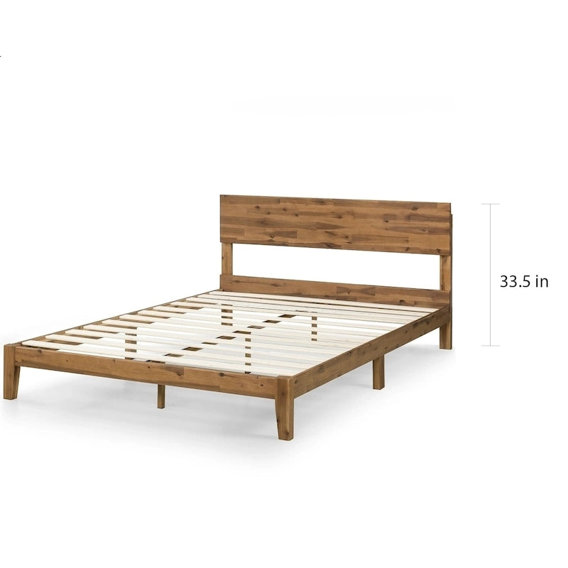 Rustic Brown Wood Platform Bed with Headboard and Slat Support