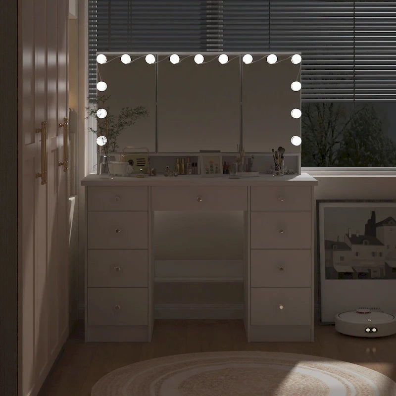 Luxurious LED Makeup Vanity with 9 Drawers Elegant Makeup Station