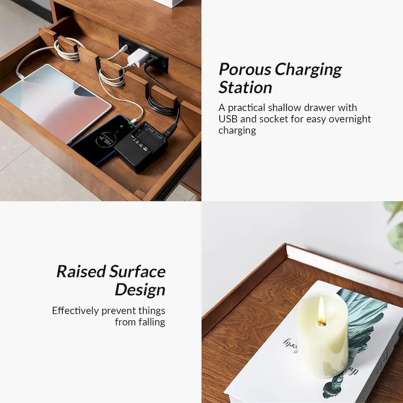 Mid-Century Modern Wood Three-Drawer Bedside Nightstand with Integrated Charging Station