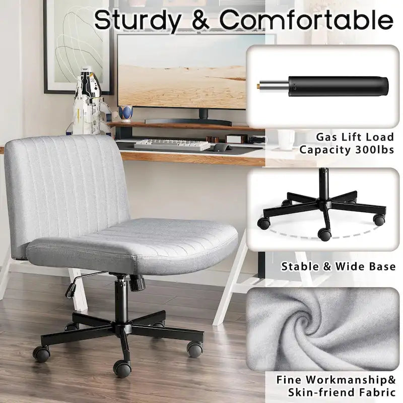 Wide Seat Armless Fabric Swivel Office Chair with Rolling Base