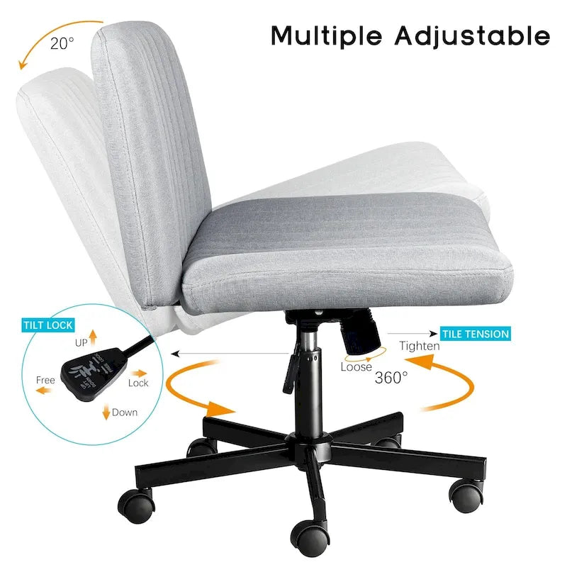 Wide Seat Armless Fabric Swivel Office Chair with Rolling Base
