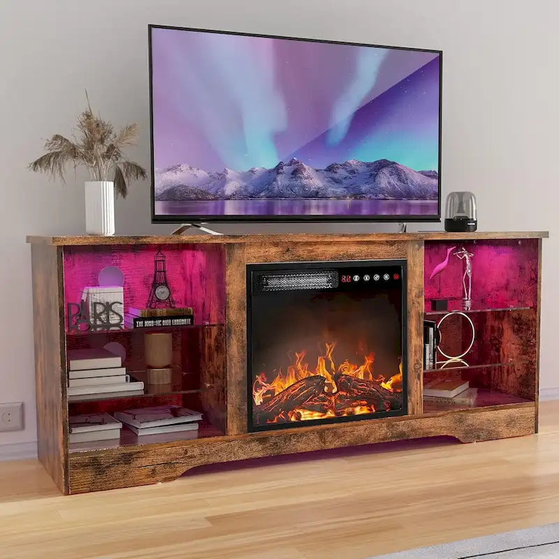 Rustic Woodgrain Electric Fireplace TV Stand with Glass Door Storage