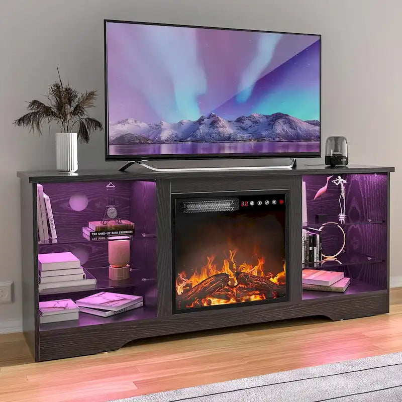 Rustic Woodgrain Electric Fireplace TV Stand with Glass Door Storage