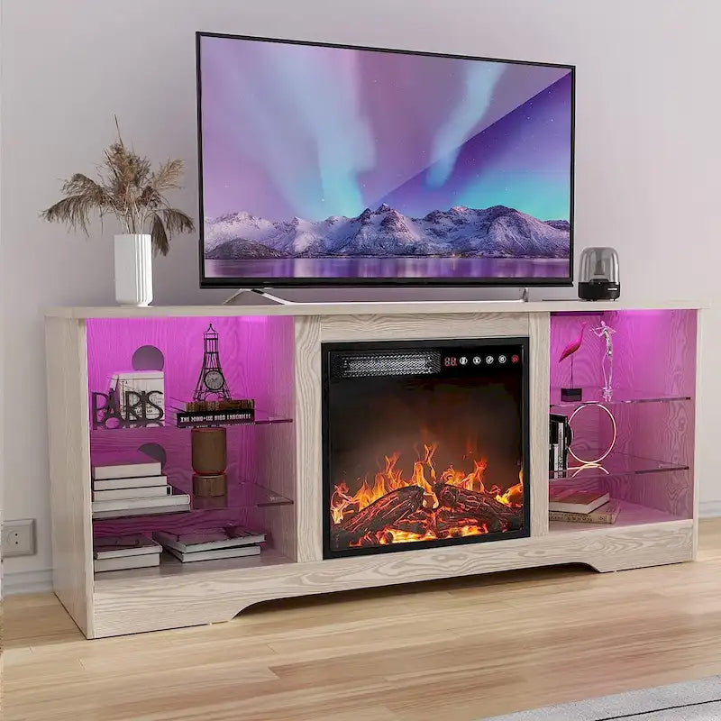 Rustic Woodgrain Electric Fireplace TV Stand with Glass Door Storage