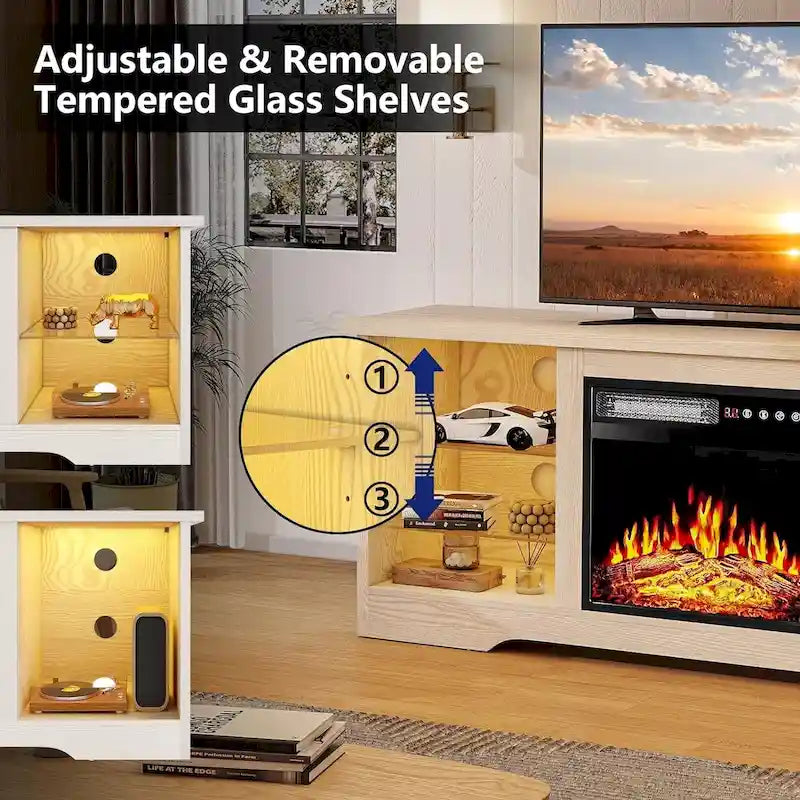 Rustieke tv-standaard van hout met elektrische haard, houtnerf en opbergruimte achter glazen deur