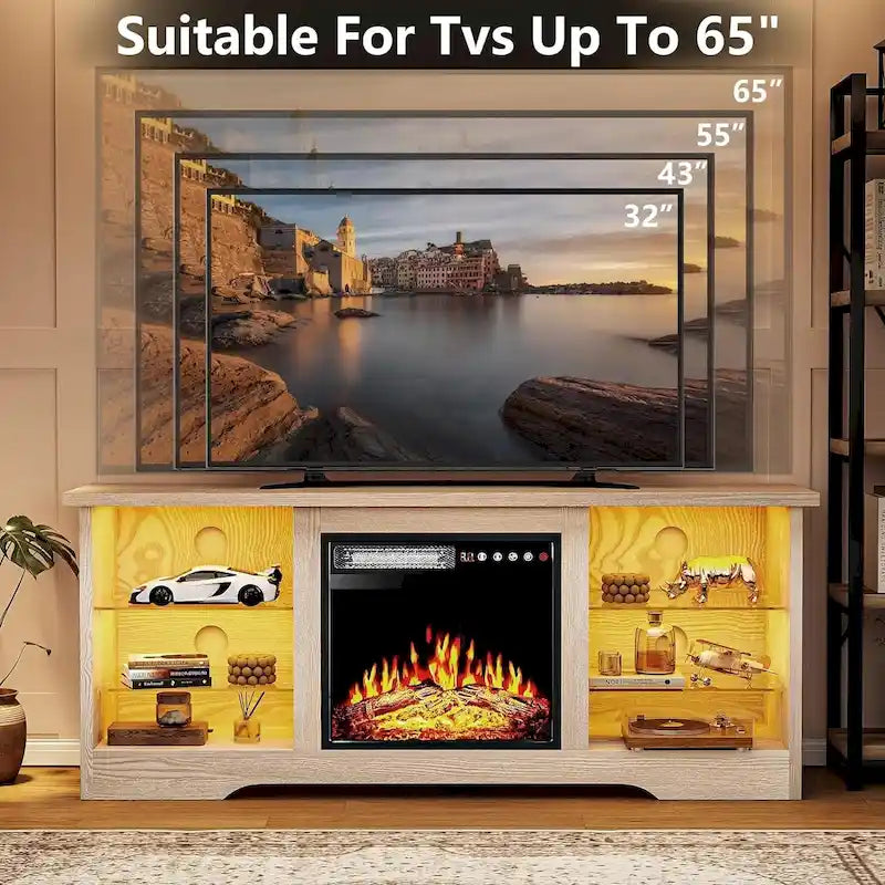 Rustieke tv-standaard van hout met elektrische haard, houtnerf en opbergruimte achter glazen deur