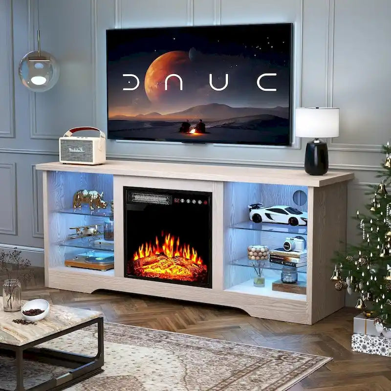 Rustieke tv-standaard van hout met elektrische haard, houtnerf en opbergruimte achter glazen deur