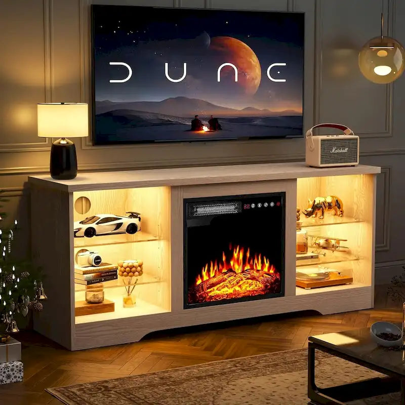Rustieke tv-standaard van hout met elektrische haard, houtnerf en opbergruimte achter glazen deur